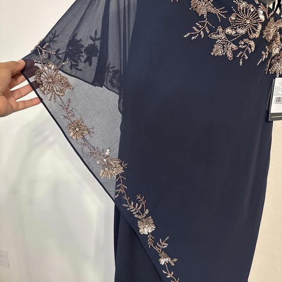 NWT ADRIANNA PAPELL Blue One Shoulder Sequin Trim Overlay Jumpsuit - Size 14 - Picture 7 of 9